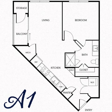 Floor plan for 1 bed, 1 bath, 645 sqft
